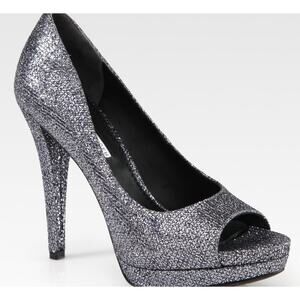 Vera Wang Lavender Selima Silver Glitter Peep Toe Heel Platform Pumps Size 7.5
